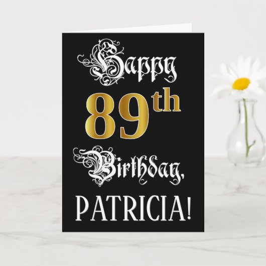 Carte 89e anniversaire — Script fantaisie; look or Faux; (Petite plante)