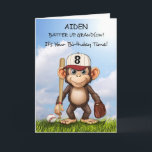 Carte 8 Anniversaire Grandson Personnaliser le singe de<br><div class="desc">Faites de votre petit-fils un personnage spécial pour le 8e anniversaire avec cette carte de baseball personnalisée ! Un singe amusant, avec une chauve-souris et un gant, est prêt pour le jeu contre un ciel bleu vif. Customisez le front avec son nom pour créer un souvenir unique qu’il aimera. Le...</div>