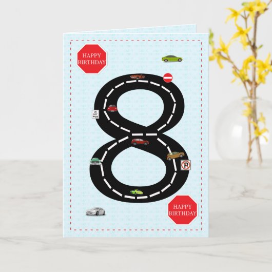 Carte 8 ans, 8 ans, voitures jouets et route (Fleur jaune)