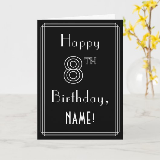 Carte 8e anniversaire : Art Déco Style # 8 & Custom Name (Fleur jaune)