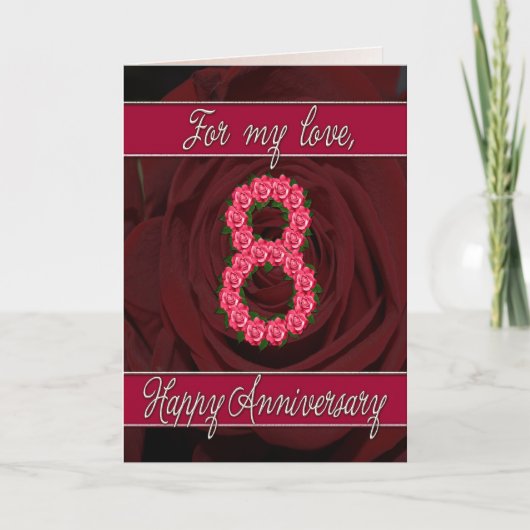 carte 8e anniversaire avec roses et feuilles (Devant)