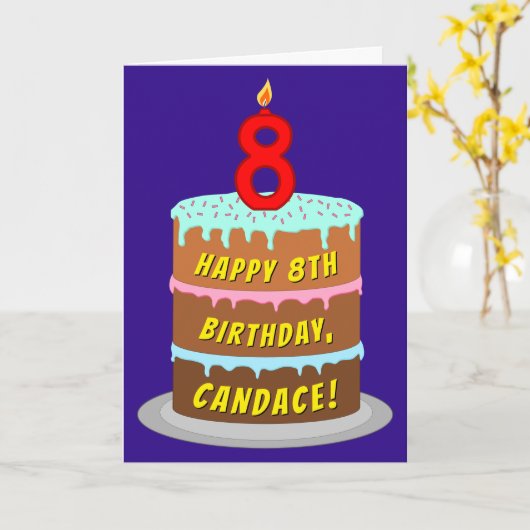 Carte 8e anniversaire : Fun Cake and Candle + Nom person (Fleur jaune)