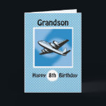 Carte 8e anniversaire, Grandson, Airplane on Blue<br><div class="desc">Airplanes are a great theme for boys of this age age This plane is flying high as you wish your grandson a happy 8th birthday. Blue background with white polka dots add a feeling of celebration and fun for an eighth birthday.</div>