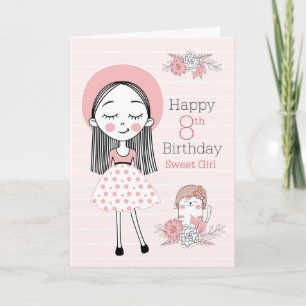 Carte 8e anniversaire petite fille et chat en rose blanc
