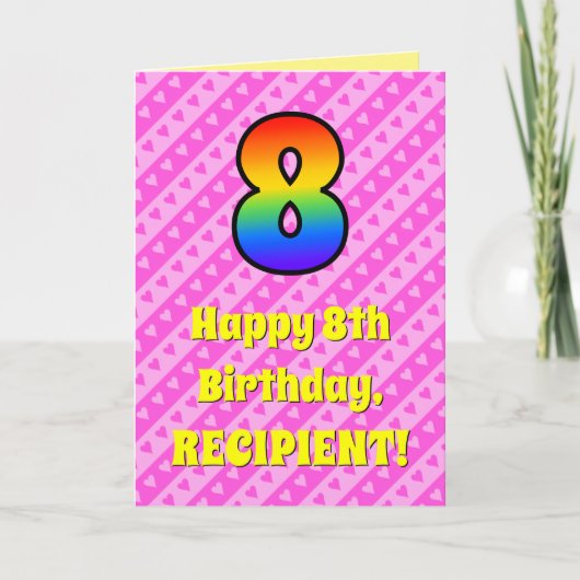 Carte 8e anniversaire : Pink Stripes & Hearts, Rainbow # (Devant)