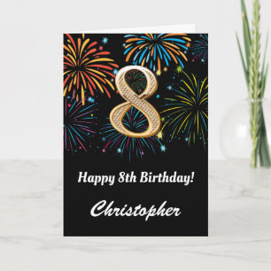 Carte 8e anniversaire Rainbow Fireworks noir et or
