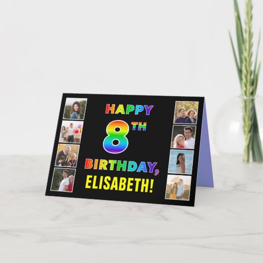 Carte 8e anniversaire : Rainbow Text, Custom Photos & Na (Devant)