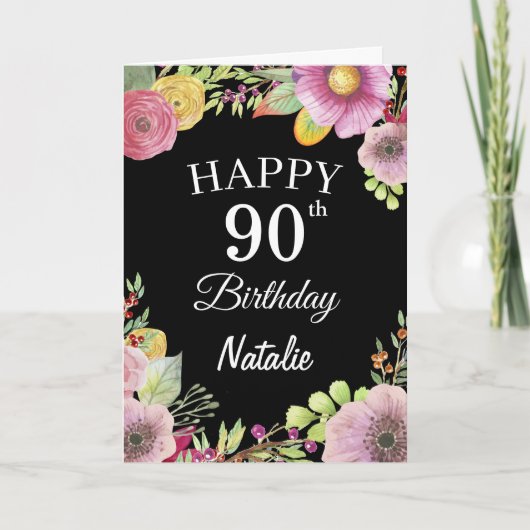 Carte 90e anniversaire Aquarelle Florale Fleurs noir Car (Devant)