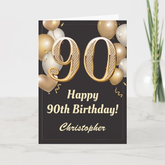 Carte 90e anniversaire Ballons Noir et Or Confetti (Devant)