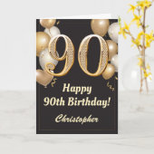 Carte 90e anniversaire Ballons Noir et Or Confetti (Fleur jaune)