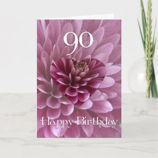 Carte 90e anniversaire - Coeur floral+Chrysanthème (Devant)