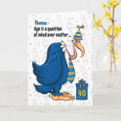 Carte 90e Anniversaire drôle Bleu Buzzard avec nom (Fleur jaune)