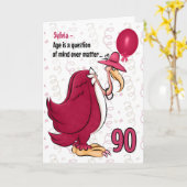 Carte 90e Anniversaire drôle Buzzard rose avec nom (Fleur jaune)