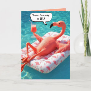 Carte 90e anniversaire Flamant rose flottant dans une pi