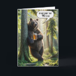 Carte 90e anniversaire Ours avec Mug de bière<br><div class="desc">Un ours se dresse bien contre un arbre tenant une tasse de bière avec une patte dans une forêt d'été ensoleillée avec une bulle de discours humoristique pour un 90ème anniversaire. Tout le texte peut être modifié et l'âge.</div>