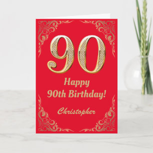 Carte 90e anniversaire Parties scintillant rouge et or