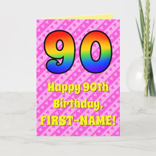 Carte 90e anniversaire : Pink Stripes & Hearts, Arc en c (Devant)