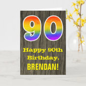 Carte 90e anniversaire : Rustic Faux Wood Look, Rainbow (Fleur jaune)