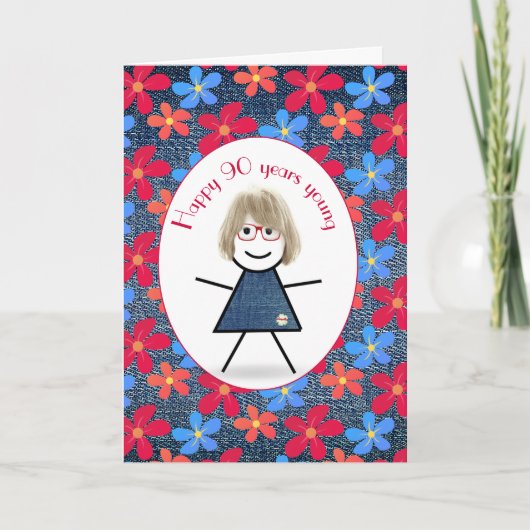 Carte 90e Anniversaire Stick Girl and Daisies On Denim (Devant)