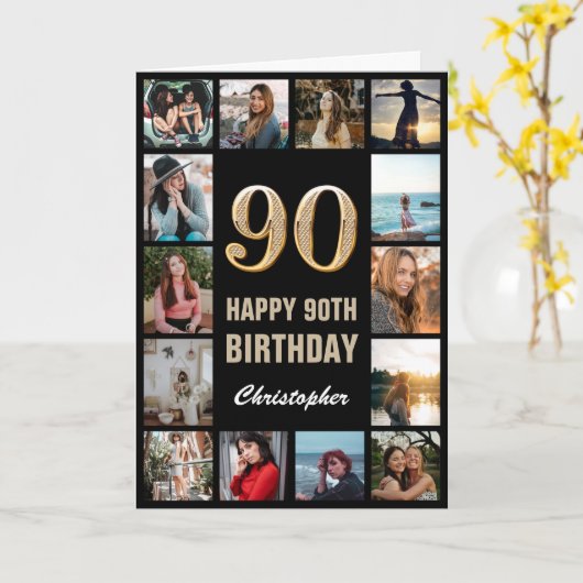 Carte 90e Joyeux Anniversaire Black and Gold Photo Colla (Fleur jaune)