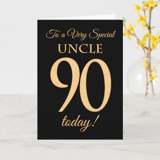Carte 90ème effet or sur noir, pour Anniversaire Oncle (Fleur jaune)