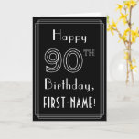 Carte 90th Birthday: Art Deco Style # 90 & Custom Name<br><div class="desc">The front of this stylish Roaring Twenties art deco inspired birthday themed greeting card design features the message “Happy 90th Birthday, ” along with a custom recipient name. The number “90th” on the front has a fancy lined appearance, and there is also a multi-line border. The inside has a personalized...</div>