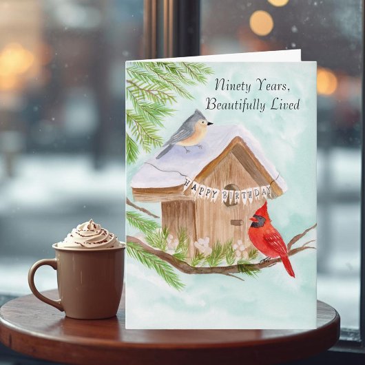 Carte 90th Happy Birthday Birds at Birdhouse