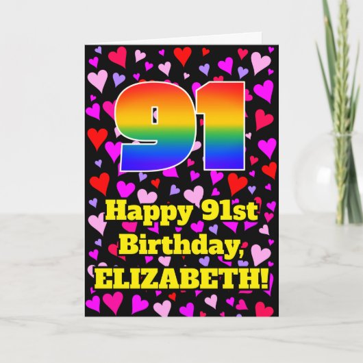 Carte 91e anniversaire : Amour Hearts Motif, Arc-en-ciel (Devant)
