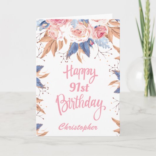 Carte 91e anniversaire Aquarelle Botanique Rose Floral (Devant)