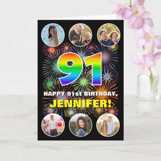 Carte 91e anniversaire : Arc en ciel amusant #, Nom pers (Orchidée)