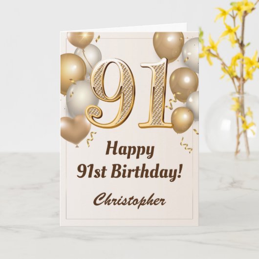 Carte 91e anniversaire Ballons d'or et Confetti annivers (Fleur jaune)