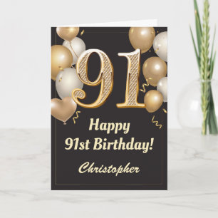 Carte 91e anniversaire Ballons Noir et Or Confetti