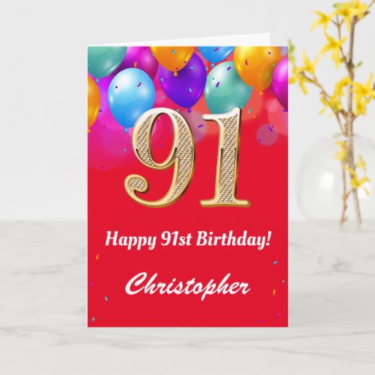 Carte 91e anniversaire Ballons rouges et dorés (Fleur jaune)