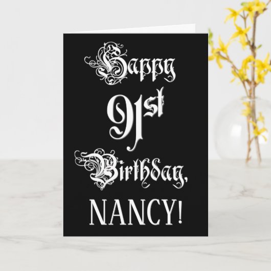 Carte 91e anniversaire : Fancy, Elegant Script + Nom per (Fleur jaune)