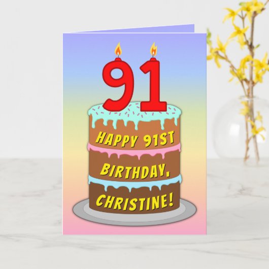 Carte 91e anniversaire — Fun Cake & Candles, avec nom pe (Fleur jaune)