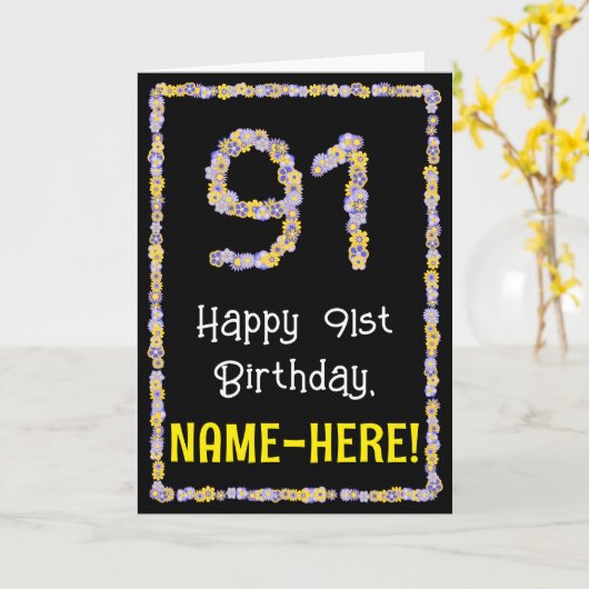 Carte 91e Anniversaire : Nombre de fleurs florales, nom  (Fleur jaune)