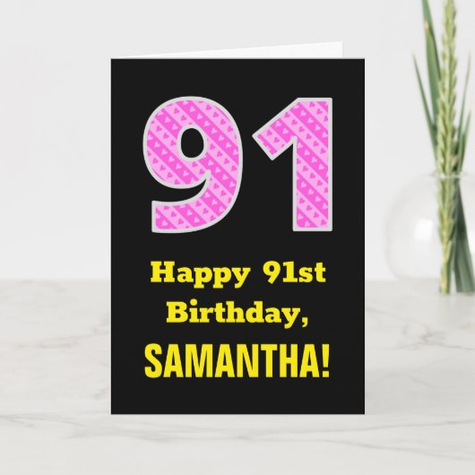 Carte 91e anniversaire : Pink Stripes and Hearts "91" +  (Devant)