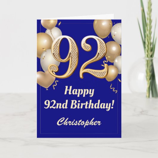 Carte 92e anniversaire Marine Bleu et Ballons d'or Confe (Devant)