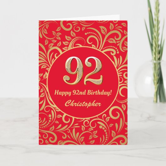 Carte 92e anniversaire Motif Floral rouge et or (Devant)