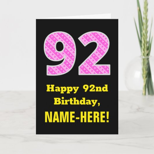 Carte 92e anniversaire : Pink Stripes and Hearts "92" + (Devant)