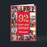 Carte 92e Joyeux Anniversaire Collage photo rouge et or<br><div class="desc">92e Joyeux Anniversaire Carte d'Anniversaire Red and Gold Photo Collage. Pour plus de personnalisation,  cliquez sur le bouton "Customiser" et utilisez notre outil de conception pour modifier ce modèle.</div>
