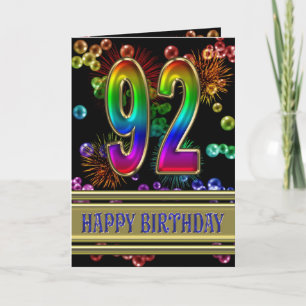 Carte 92ème anniversaire avec bulles arc-en-ciel et feux