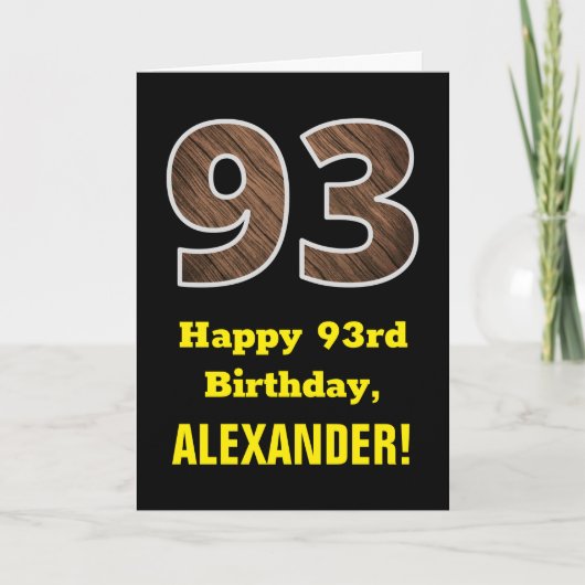 Carte 93e anniversaire : Nom, Motif Faux Wood Grain "93" (Devant)