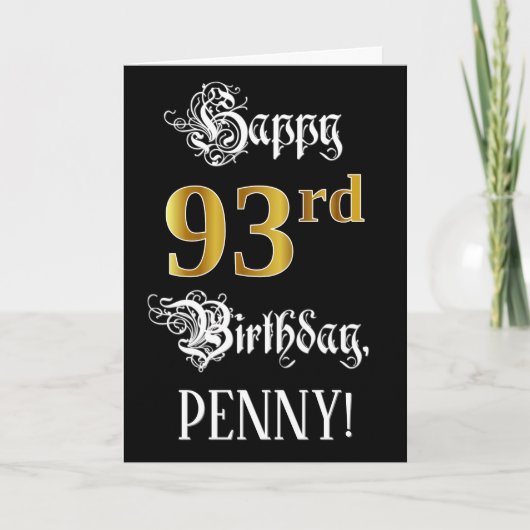 Carte 93e anniversaire — Script fantaisie; look or Faux; (Devant)