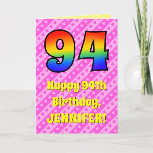 Carte 94e anniversaire : Pink Stripes & Hearts, Arc en c (Devant)