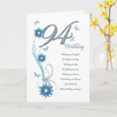 Carte 94ème anniversaire en turquoise avec des fleurs (Fleur jaune)