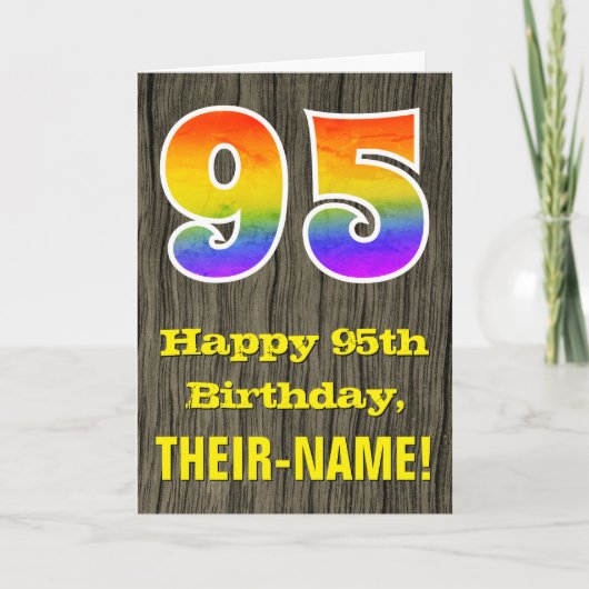 Carte 95e anniversaire : Rustic Faux Wood Look, Arc en c (Devant)