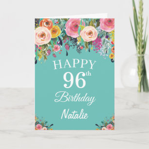 Carte 96e anniversaire Aquarelle Florale Fleurs Turquois