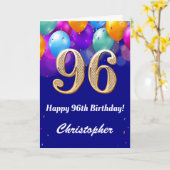 Carte 96e anniversaire Ballons bleu et or couleur marine (Fleur jaune)