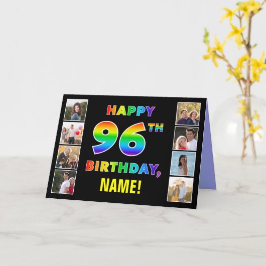 Carte 96e anniversaire : Rainbow Text, Custom Photos & N (Fleur jaune)
